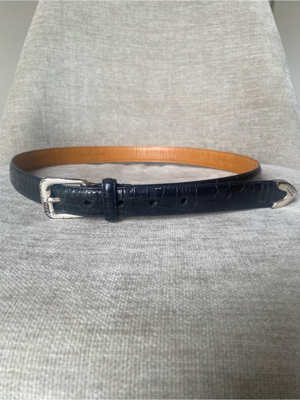 VTG Ralph Lauren Black Croc-Embossed Leather Belt Size L Engraved Silver Buckle